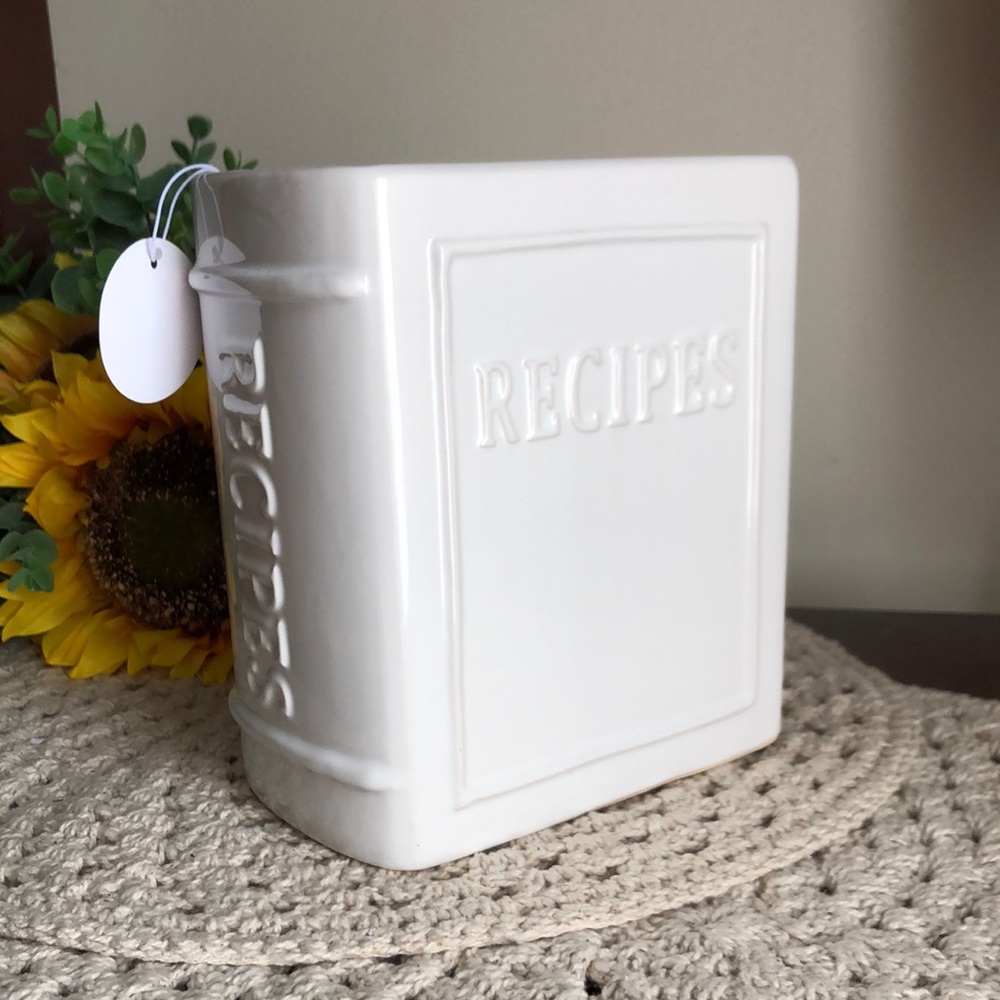 White Ceramic “RECIPES” Utensil Crock Holder